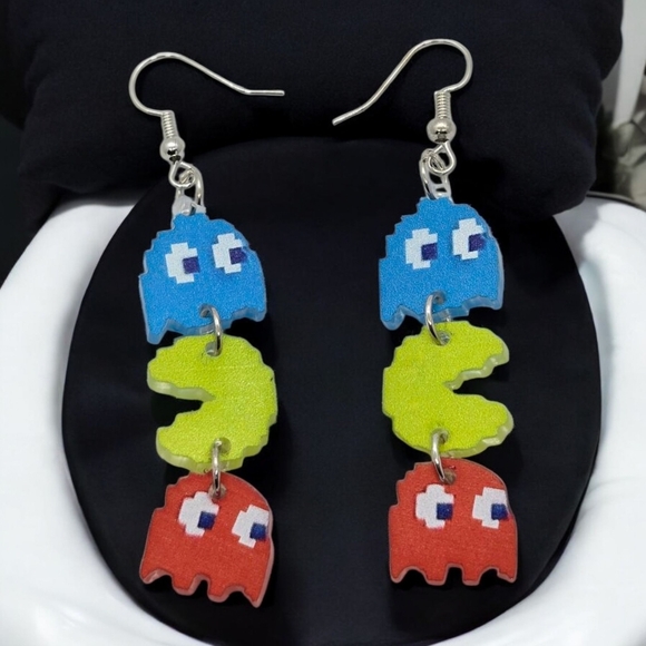 Pac-Man Arcade Game Earrings Retro Ghost Acrylic Dangle Pierced Fish Hook Gamer - Picture 1 of 5